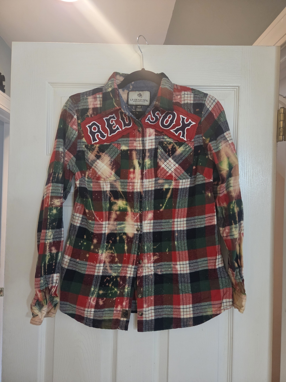 Upcycled Red Sox Legendary Whitetails Red Green Black Plaid Button-Down Shirt